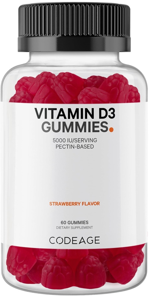 Codeage Vitamin D3 Gummy Vitamin, Vitamin D3 5000 IU Cholecalferol 125 mcg - 2 -Month Supply - Soft Pectin- Berdasarkan, Animal Ganatin - Free Vitamin Gummy, Strawberry, Gluten- Free - 60 Gummies