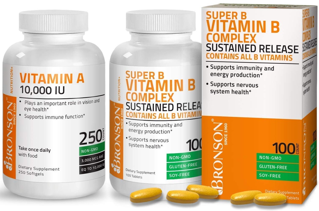 Bronson Super B Vitamin B Kompleks Lanjutkan Rilis Lambat + Vitamin Sebuah 10.000 IU Premium Non-GMO Formula
