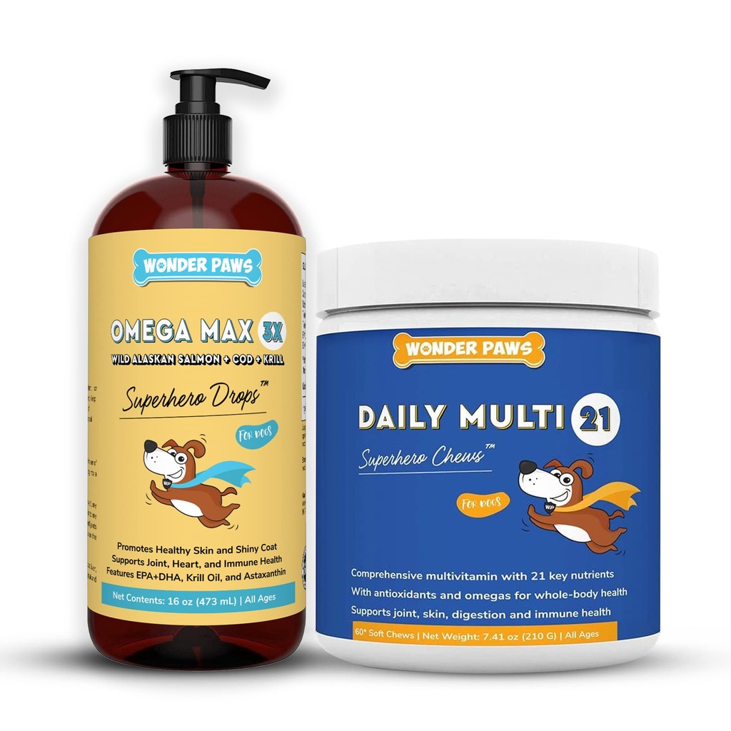 WONDER PAWS Omega Max Fish Oil Plus Daily Multivitamin Chews - for Dog Joint Health, Skin MoiItune System Dukung & Daily Wellness - Omega Max 16 Ounces - Multivitamin 60 Chews