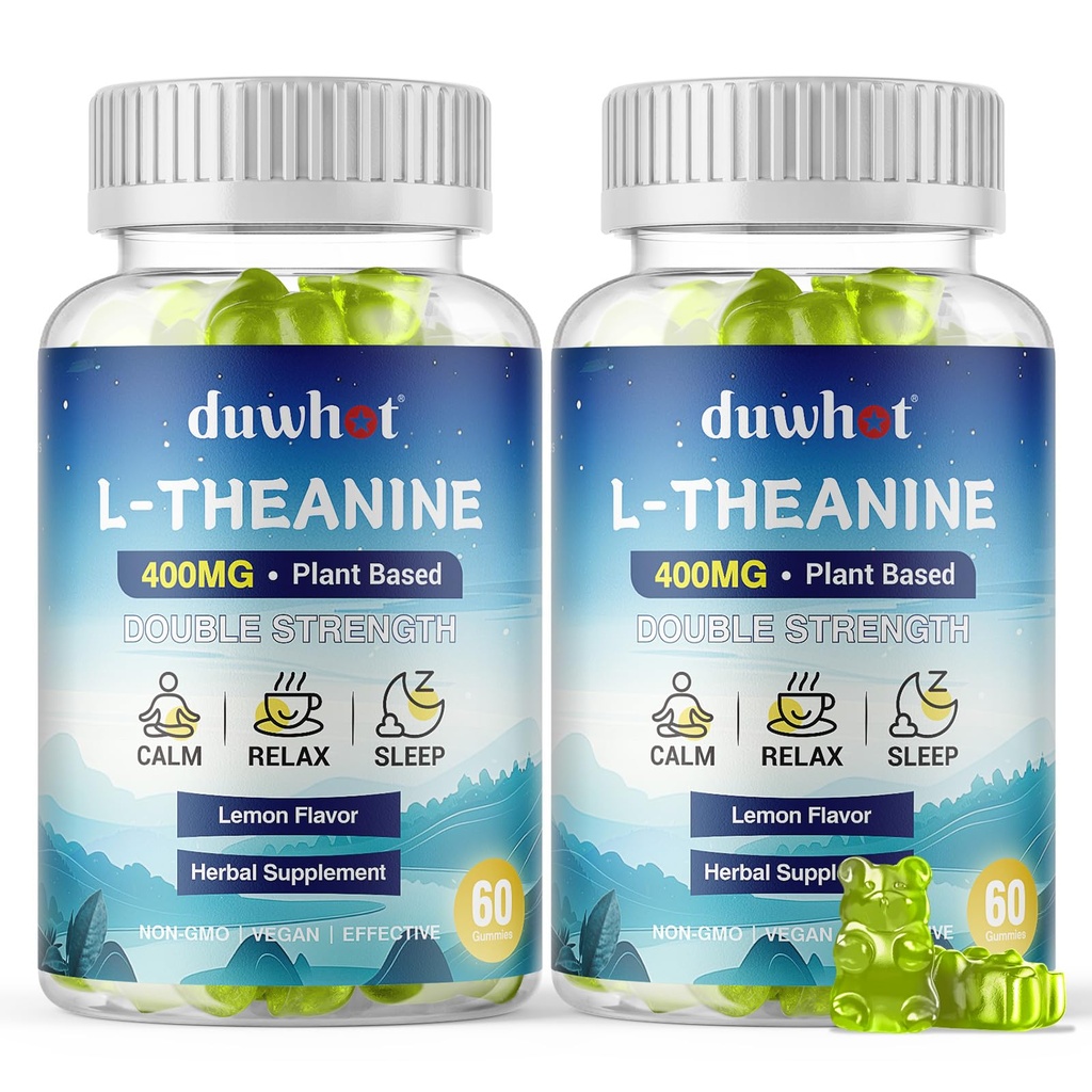 L-Theanine Gummies 400mg, Suplemen Teanine Chewable untuk Dewasa & Anak 4 +, Relief Stress Alam, Suplemen zzZ & Focus, Vegan, Rendah Gula, Non-Drowsy, Lemon Flavor, 120 Chewables