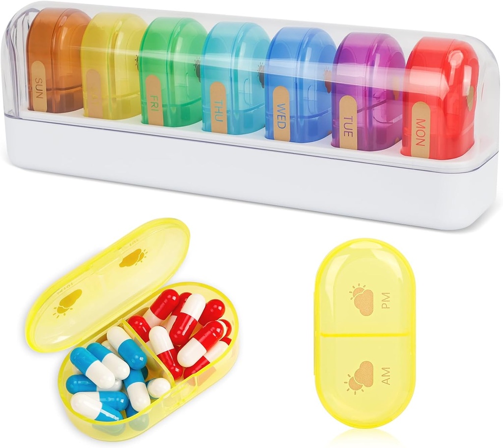 FYY Travel Pill Organizer, 14 Comment Daily Pill Organizer Portable Case Detacsible Daily Pill Box for Purse Pocket to Hold Vitamin, Cod Liver Oil, Suplemen dan Medication-- White