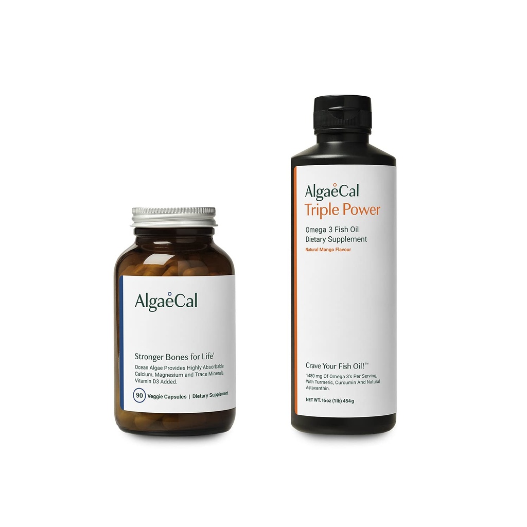AlgaeCal Bundle - Plant Based Calcium Suplemen dengan Vitamin D3 for Bone Health & Strongth & Triple Power Omega-3 Fish Oil Liquid EPA & DHA, Curcumin, Astaxanthin