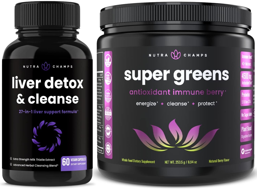 NutraChamps Liver Cleanse Detox Capsules dan Super Greens Antioxidant Superfood Powder Bundle