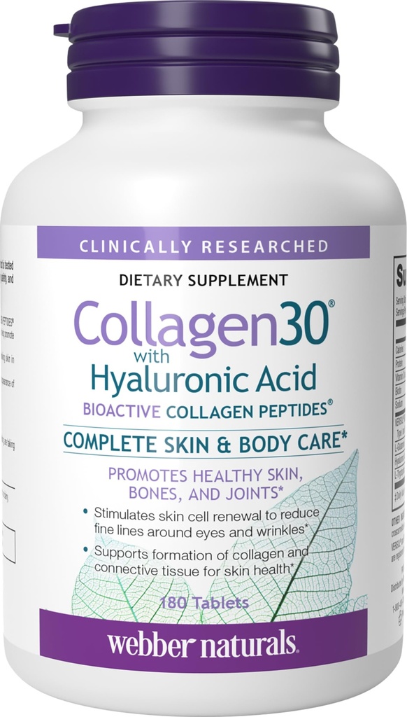 Webber Collagen30 dengan Acid Hyaluronik, Bioactive Collagen Peptides, 180 Tablet, Membantu Mengurangi Mata Wrinkles dan Fine Facial Line, Non GMO