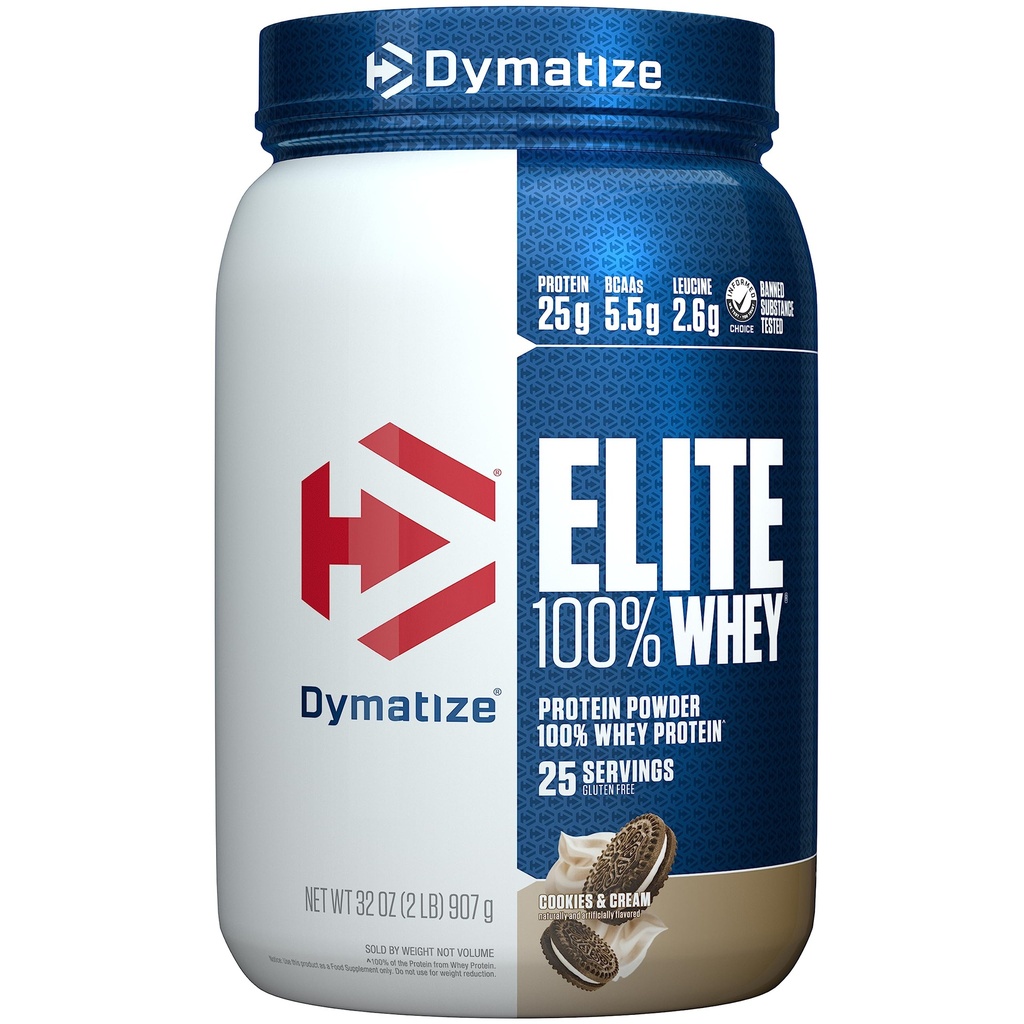 Dymatize Elite 100% Powder Whey Protein, Cookies & Cream, 25g of Protein, 5.5g BCAAs, Kurang dari 140 Cal., Gluten Free, 3g Carb, 2g Sugar, 3g Fat (25 Pelayan)