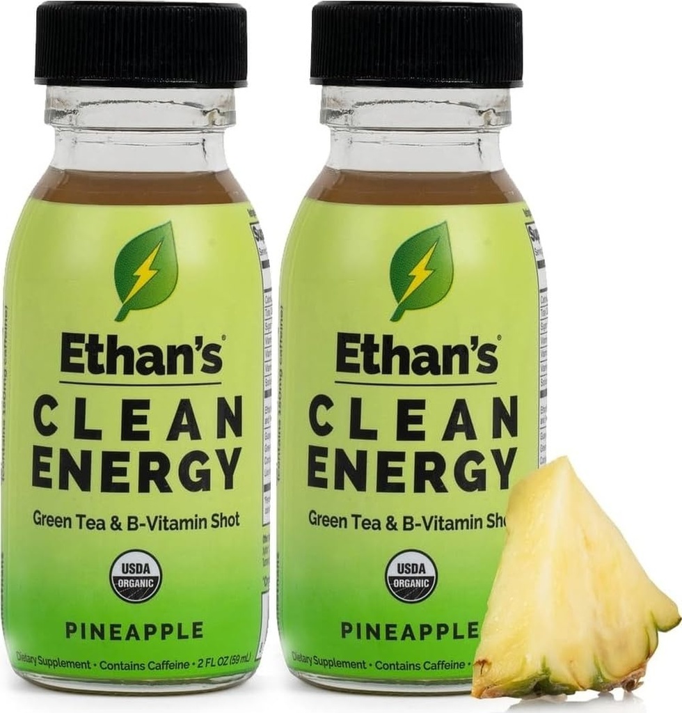 Ethan 's Organic Clean Energy Shots Pineapple, Sugar Free Natural Predout Focus Boost, Gluten Free, Vegan, B6 & B12 Vitamin C dengan Green Tea Extract dan Guayosa (2 Pack of 2oz Shots)