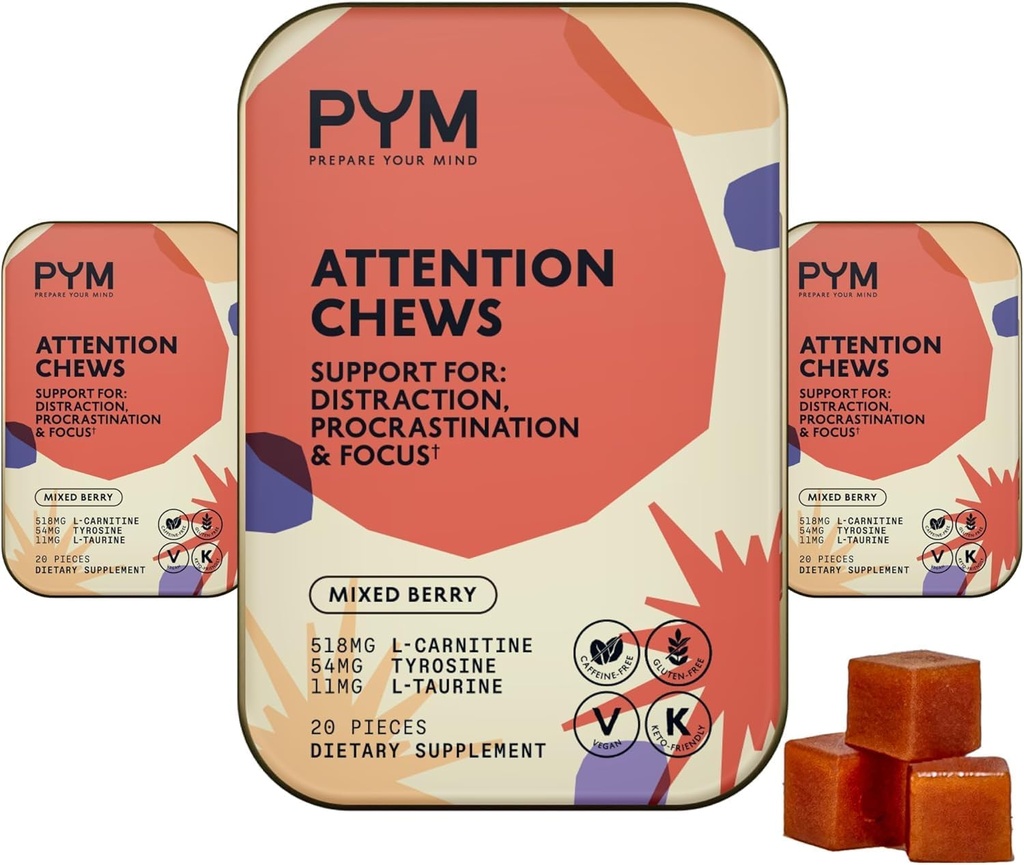 PYM Attention Chews Dups for Procrastination, Focus & Productivity, 60 Count 124; 518g L-Carnitine, 54mg Tyrosine, 11mg L-Taurine - Caffeine- Free 124; All- Natural Mood Boost Suplemen dibuat di Amerika Serikat