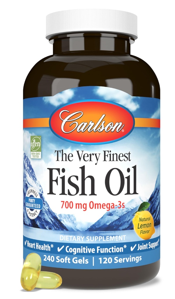 Carlson - The Very Finest Fish Oil, 700 mg Omega-3s, Norwegia Fish Oil Suplement, Wild Caught Omega-3 Fish Oil, Sumpable Ikan Oil Capsules, Omega 3 Suplemen, Lemon, 240 Softgeels