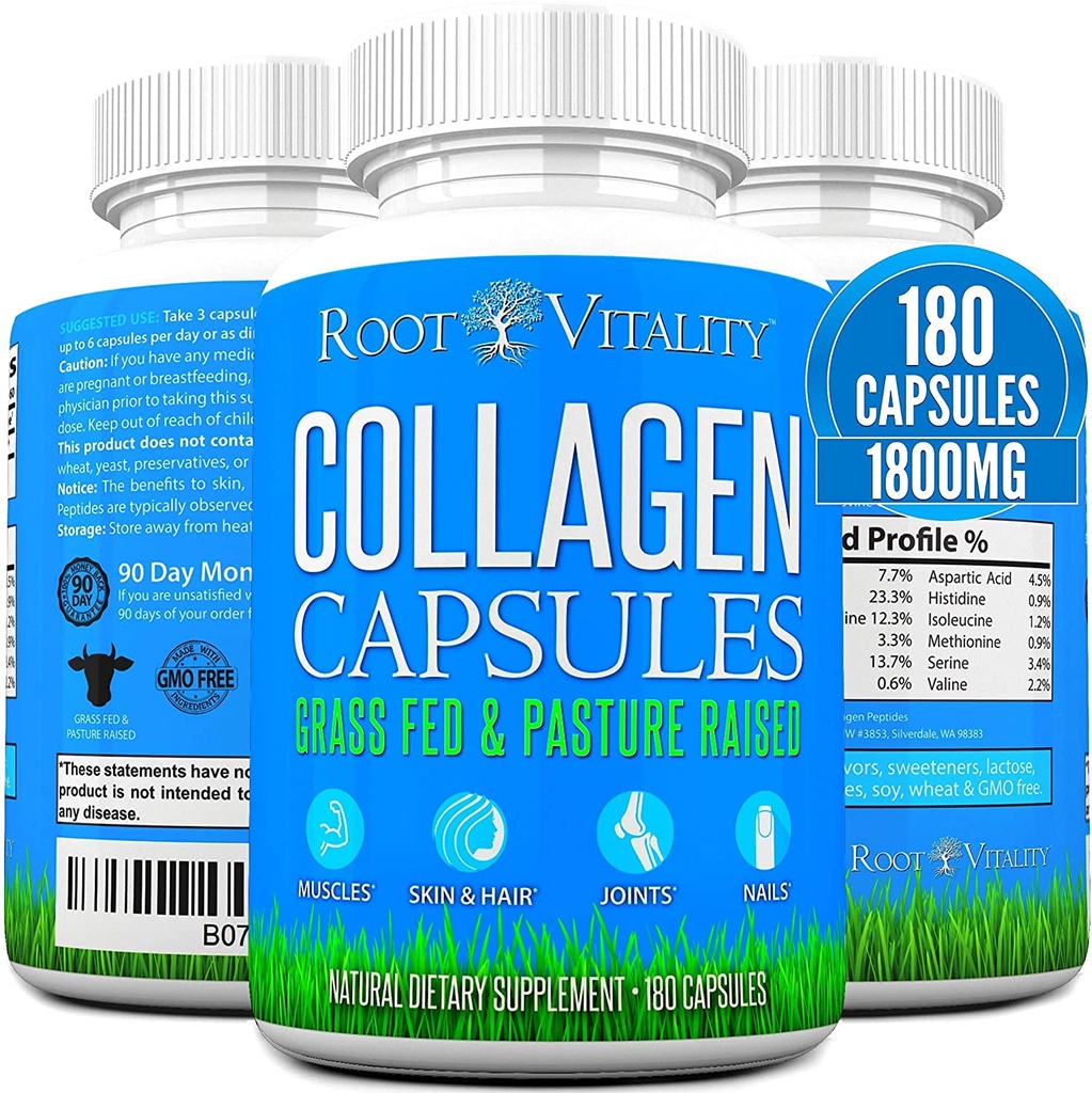 Akar Vitalitas Collagen Peptides Capsules - Grass- Fed, Pasture- Dibesarkan Hydrolyzed Protein untuk Skin, Hair, & Nails - Non-GMO, Zero Sugar Daily Pills for Men & Women (180 Capsules)