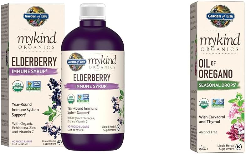 Garden of Life Organics Plant - Based Elderberry Immune Syrup 6.59 lf oz & Organics Oil of Oregano Seasonal Drops 1lf oz (30 mL) Liquid