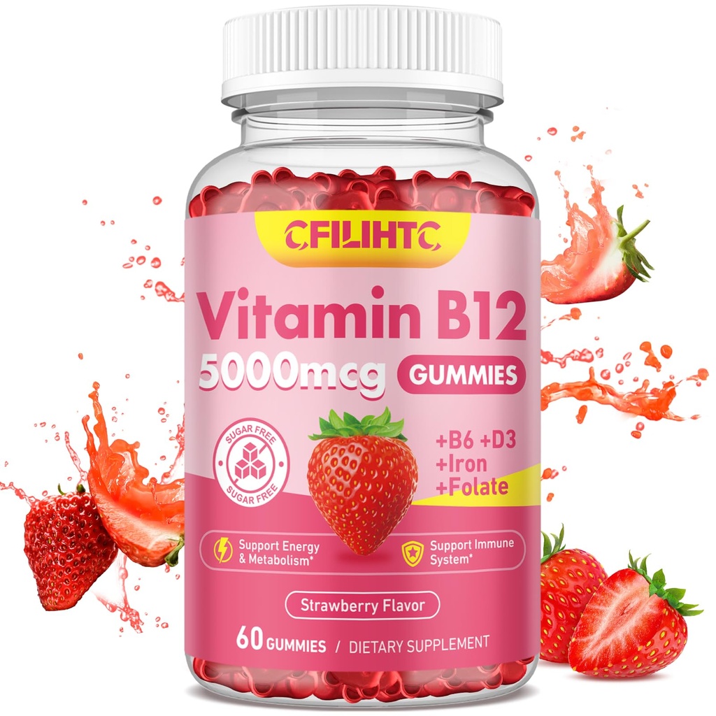 Vitamin B12 Gummies for Women & Men, 5000mcg Metyl B12 Gummies dengan Vitamin B6, D3, Besi, Membandingkan untuk Dewasa, Mendukung Energi & Metabolisme Boost, Mood, Imune & Gugup Sistem, Sugar Free Strawberry