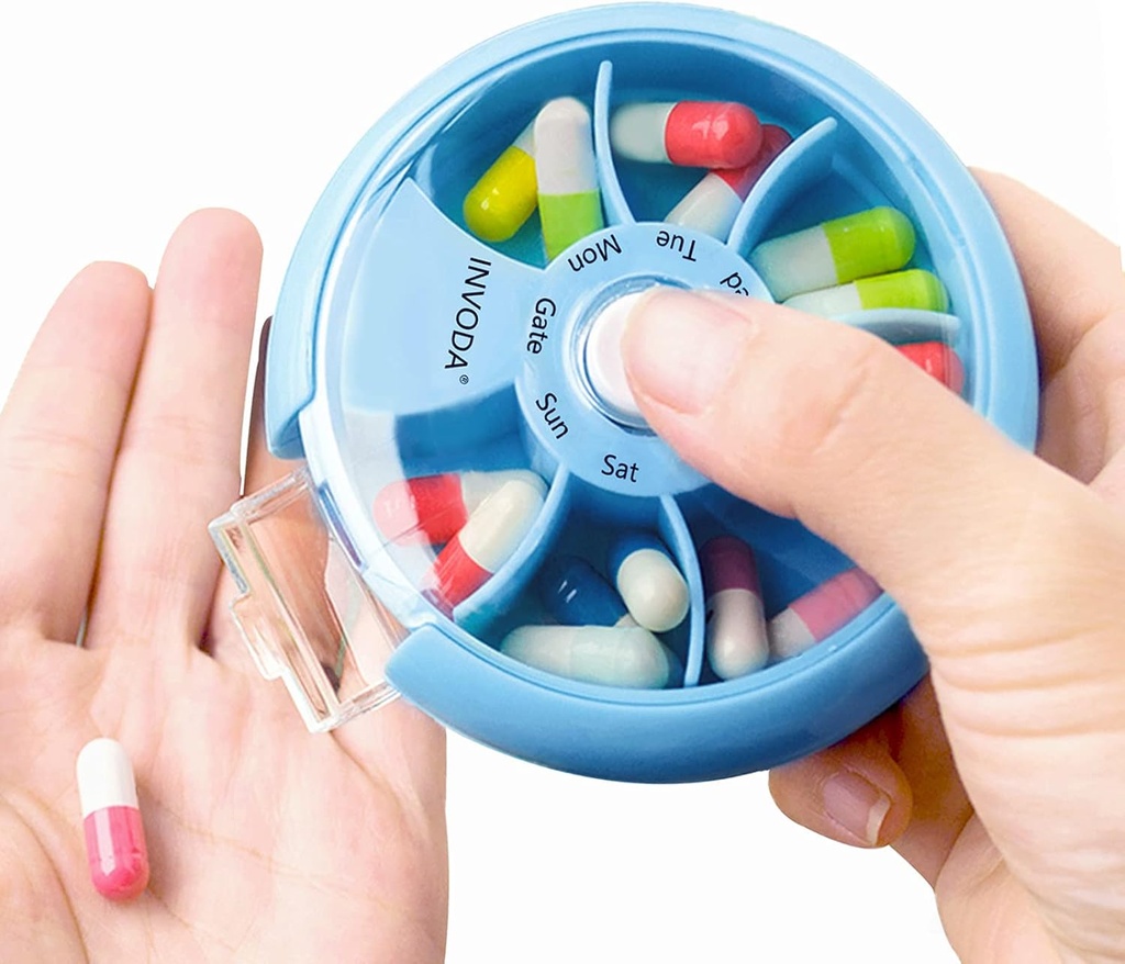 INVODA Weekly Pill Organizer 7 Compating Pill Box for Daily Medication & Vitamins - Portable Travel Case Fish Oil Suplemen Vitamin Organizer (Sky Blue)
