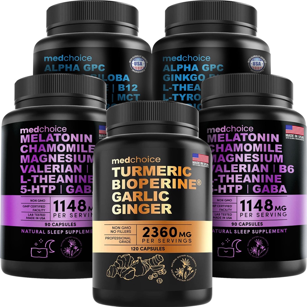 MEDCHOICE Turmeric & Ginger (120ct), Sleep Melonatin (180ct), and Nootropic Brain (120ct) Suplemen Bundle - Wellness Trio for Brain, & Imune Dupport - Vegan, Non-GMO, Gluten- Free