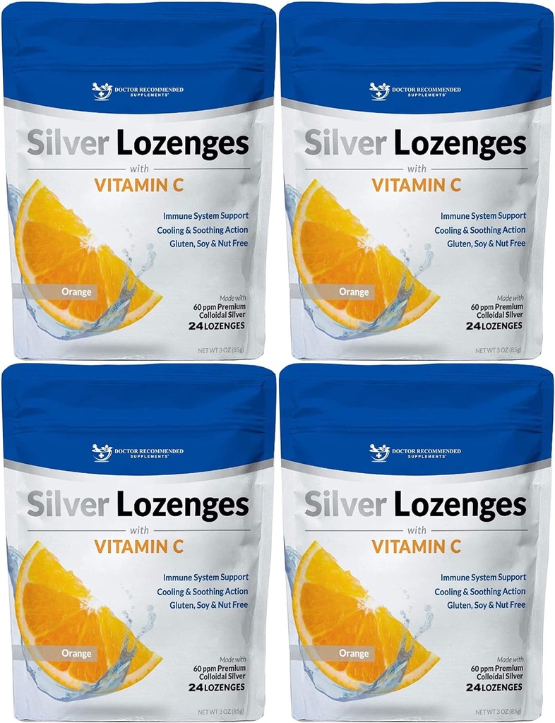 Silver Lozenges dengan Vitamin C - Premium Nano Silver 60 PPM Colloidal Silver, Organic Honey dan Vitamin C Mineral Drops untuk mendukung Imune System, Soothe Cough & Throat - Paket 4
