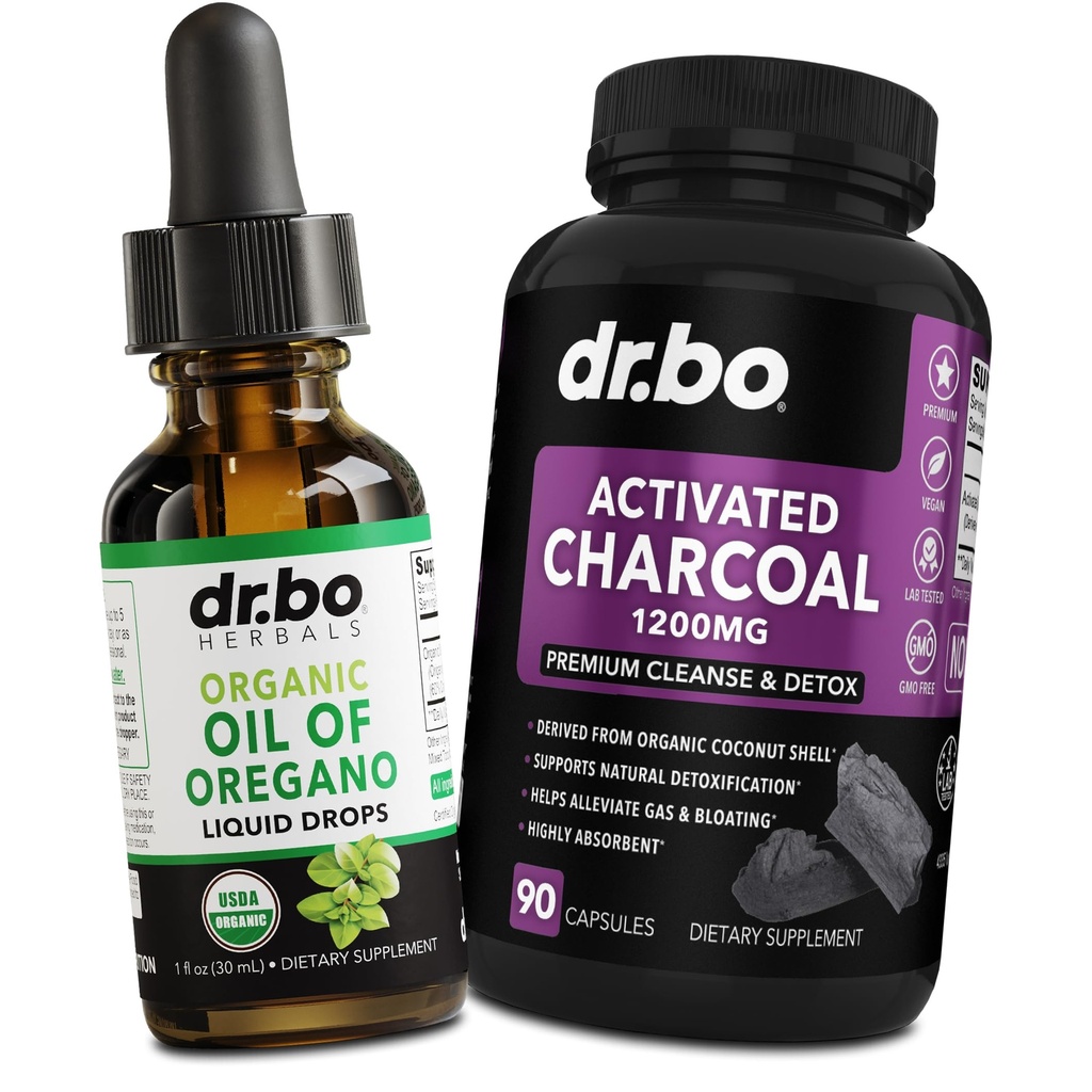 Oregano Oil Oil Limid Organic Drops & Charcoal Capsules - Oil of Oregano Drops Taincture Extract & Charpills for Stomach Gas Cleanse Detox Immune Dupport, Digetical Binder - Organic