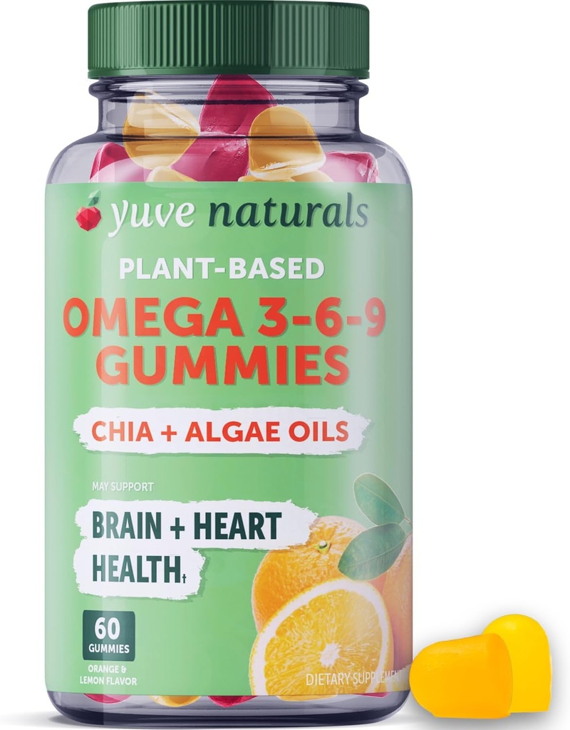 Yuve Vegan Omega 3-6-9 & DHA Gummies - Lezat untuk Anak-anak, Pria & Perempuan - terbuat dari Algae & Chia - NO Minyak Ikan, NO Krill - Esculty Acid Supplemen - Non-GMO, Gluten- Free, Plant - 60ct