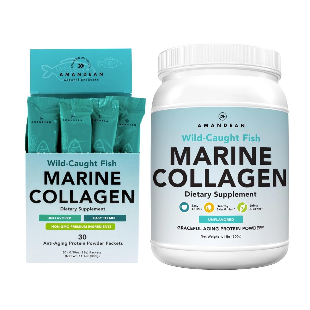 AMANDEAN Marine Collagen Duo. 500g Kontainer + 30 Perjalanan Packs. Ikan Collagen Peptides yang terdrolized untuk Skin, Rambut & Nails. Pescatarian, Keto & Paleo- Friendly, Unflafeed