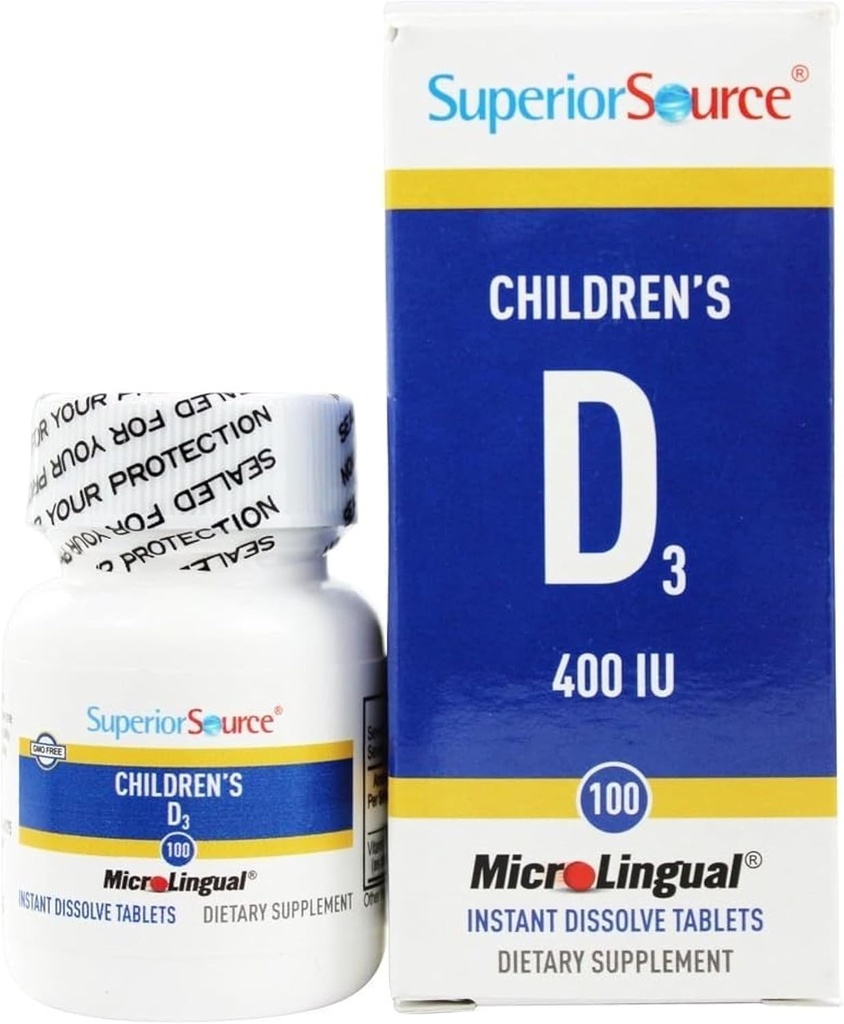 Sumber Superior Anak Vitamin D3 400 IU - Teeth, Bone & Ammune Support Supplemen untuk Anak - Non-GMO - 100 MicroLingual Dissolable Tablet