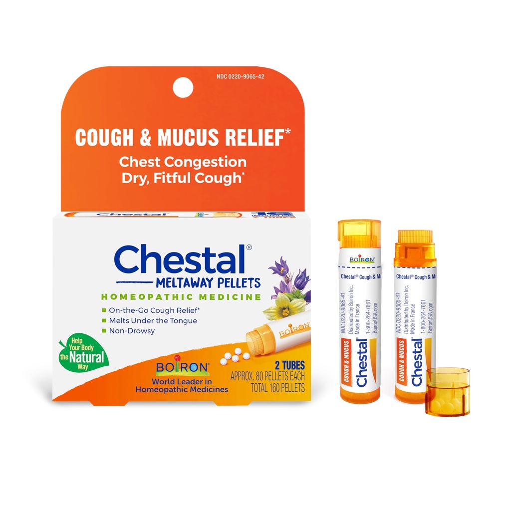 Boiron Chestal Pellets for Cough and Musus Relief, Nasal or Chest Consultion, and Sore Throat Relief - 2 Count (160 Pellets)