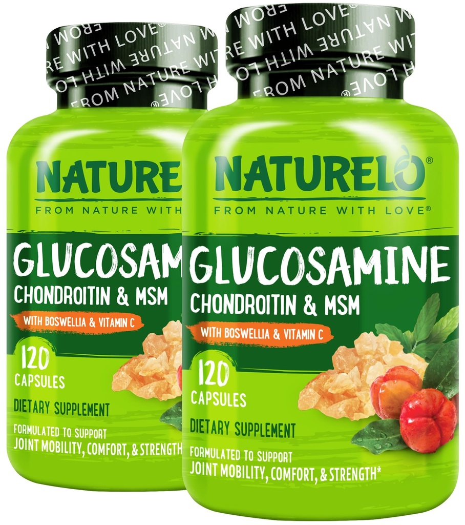 NATURELO Glucosamin Chondroitin MSM dengan Boswellia dan Vitamin C - Tambahan untuk Komfort Gabungan Gabungan, Mobility, dan Kekuatan - 120 Kapsul (Paket 2)