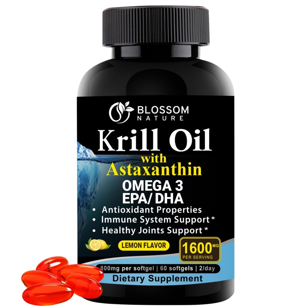 Antartika Krill Oil Softgels - 1600mg per Serving with 2mg Astaxanthin, High Omega Aver3 (174mg EPA & 120mg DHA) in Phospholipid Form- Supports Bersama, Heart, Skin & Brain & Health-60 Lemon- Flavored Softgelels