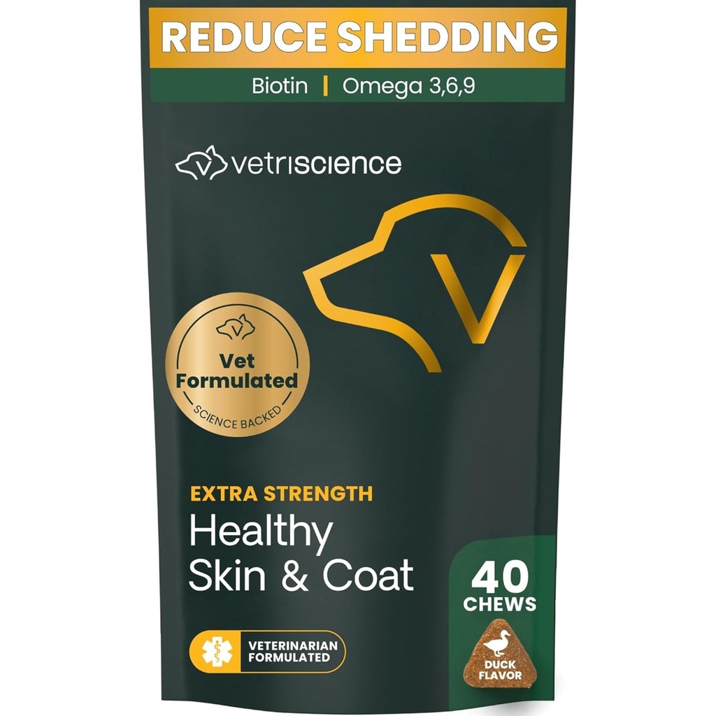 VetriScience Extra Strange Skin & Coat Chews, Omega Plus Supplement for Dogs, with Balanced Omega 3, 6, 9, Fish Oil and Biotin, Skin Health, Coat Growth and Shine, Duck, 40 Count