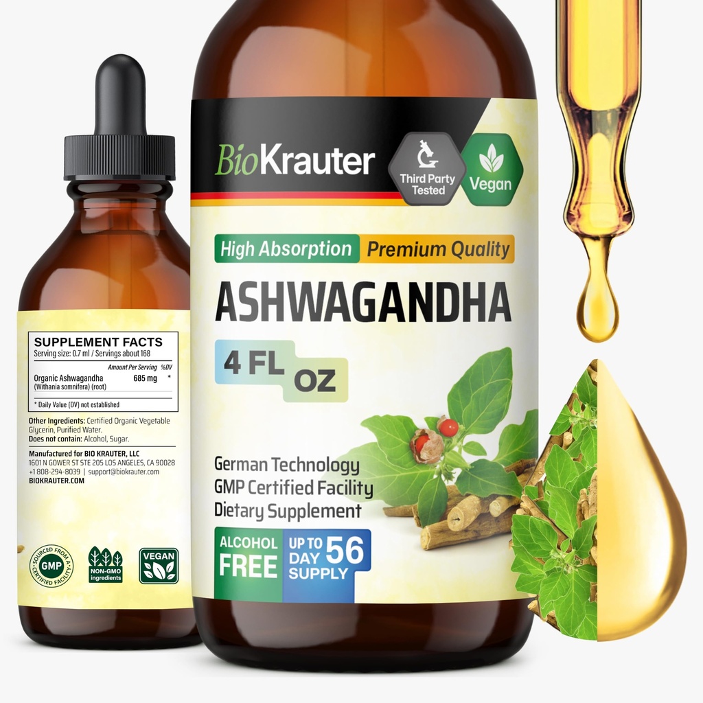 BIO KRAUTER Ashwagandha Liquid Drops - Ashwagandha Suplemen untuk Kesetaraan - Vegan Mood Dukungan Drops - Alkohol & Gula Bebas - 4 Fl.Oz.