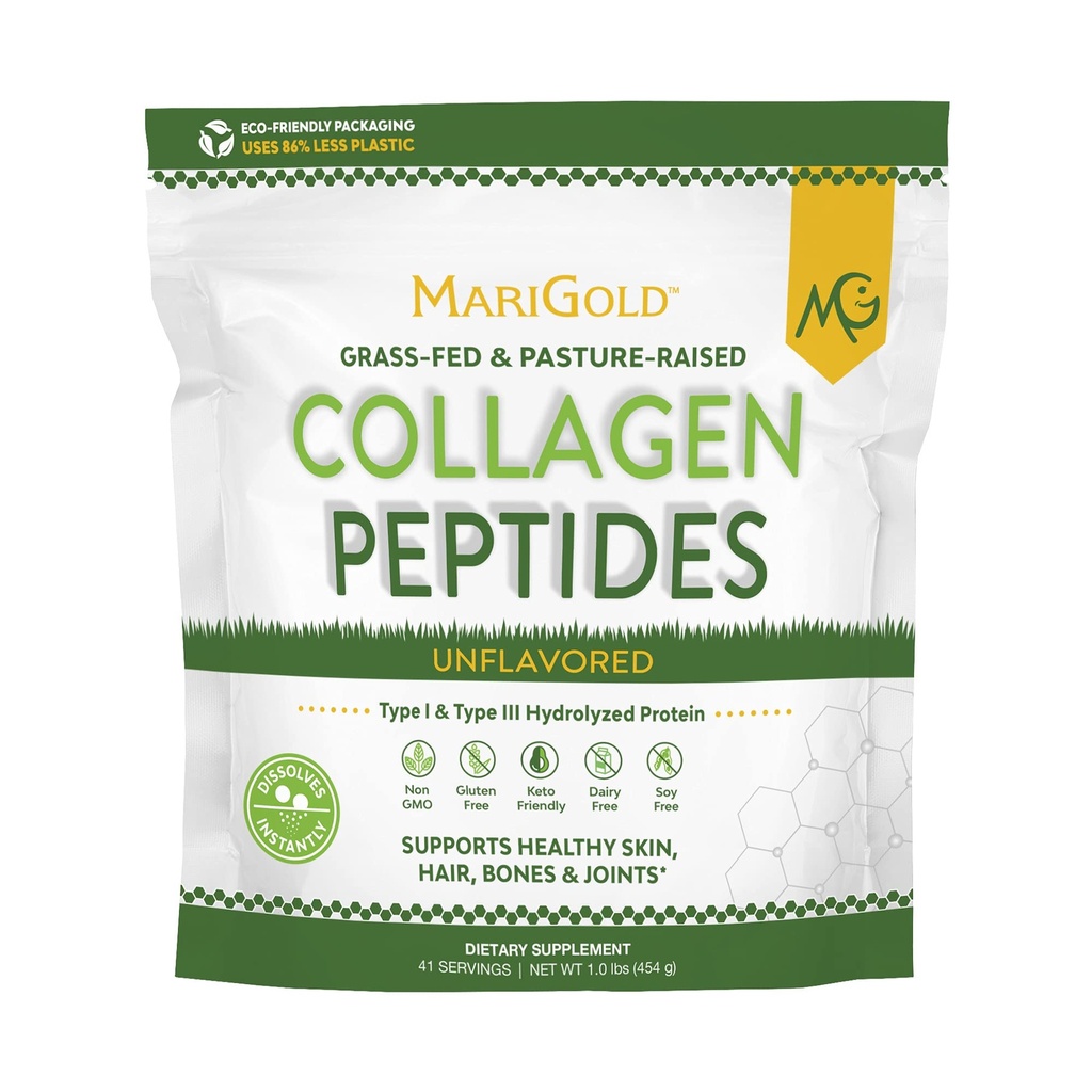 MariGold Grass- makan Collagen Peptides Powder Tanpa rasa 1LB - 100% Murni, Tipe I & III Bovine Hydrolyzed Collagen, Non-GMO, Hormone- Gomten-Dairy Free, Keto- Friendly, Easy to Mix