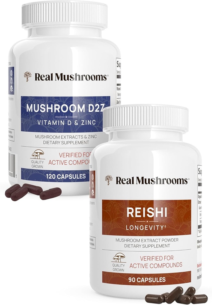 Jamur Real Vitamin D2, Zinc (120ct) dan Reishi 415 (90ct) Bundle dengan Chaga - Dukungan Alam untuk kekebalan tubuh, Lebih baik Tidur, dan Relaxation - Vegan, Gluten Bebas, Non-GMO, Organik Mushroom Extracts