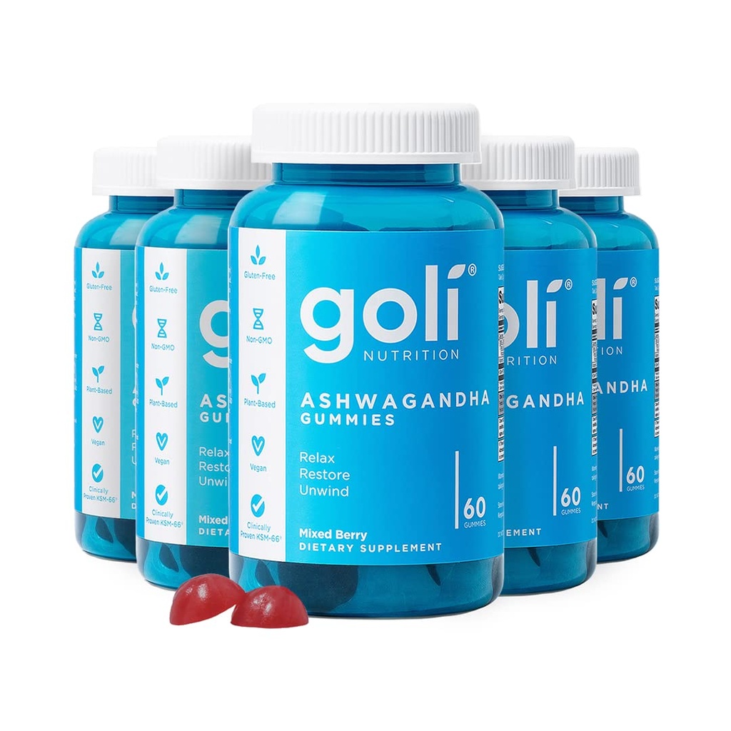 Goli Ashwagandha & Vitamin D Gummy - 300 Count - Campuran Berry, KSM-66, Vegan, Plant Based, Non-GMO, Gluten- Free & Gelatin Free Relax. Pulihkan. Unwind, Pack of 5