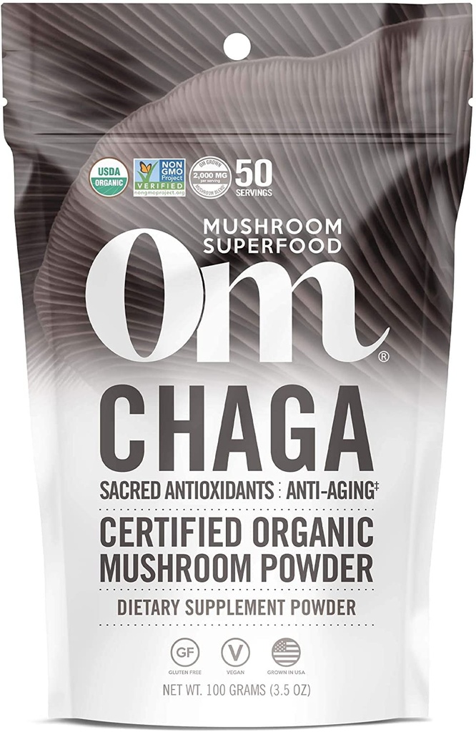 Om Mushroom Superfood Chaga Organic Mushroom Powder, 3.5 Ounce, 50 Hamba, US Grown, Antioksidan Suci & Imune Support, Superfood Mushroom Suplemen