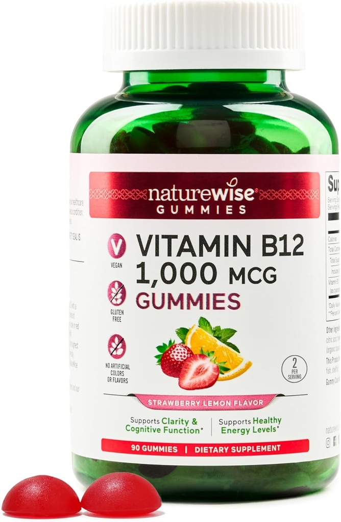 NaturreWise Vitamin B12 Gummies for Dewata, 1000 mcg - Strawberry Lemon Flavor - Support Daily Energy, Mental Clarity, Cognitive Fungsi - Vegan, Nonten-Free-GMO - 90 Count [45- Day Supppply]