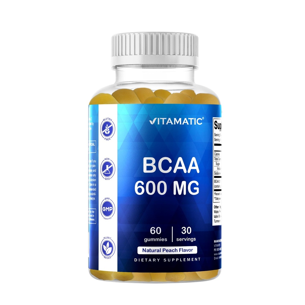 Vitamin BCAA Gummies - Branch Chain Acid Acid - Peach Flavor - 600mg per Serving - 60 Vegan Pectin Based Gummies (1 Botol)