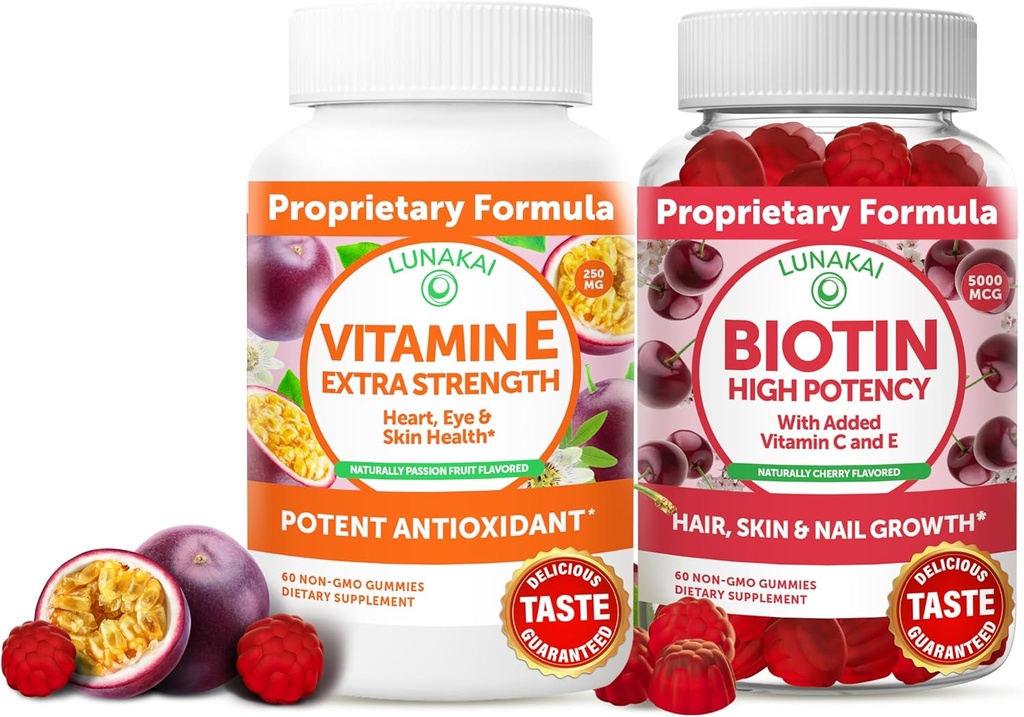 Lunakai Vitamin E dan Biotin Gummies Bundle - 3000 mcg Gummies untuk Dukungan Energi Dewasa dan Kesehatan Tulang - Vitamin untuk Rambut, Skin dan Penampilan Anak-Anak