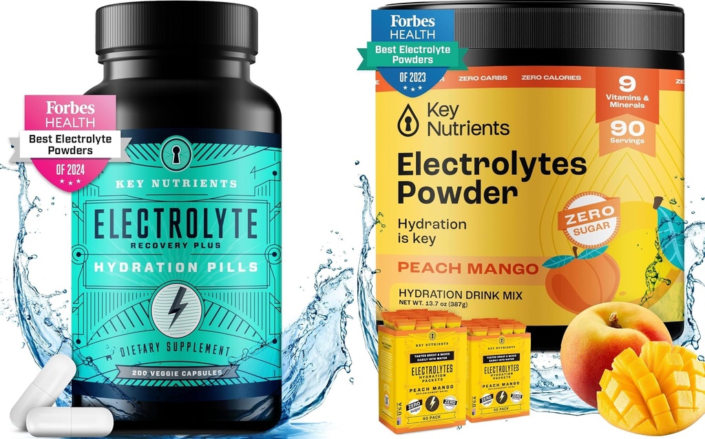 KEY NUTRIENTS Hydration & Energy Electrolite Bundle - Electrolite Tablet & Tropical Peach Multivitamin Powder, Sugar- Free