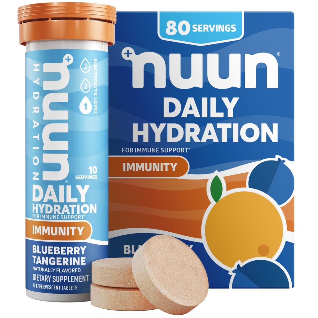 Nuun Imunity Electrolite Tablet dengan Vitamin D, C, E, & A, Ginger, Elderberry, Magnesium & 4 Electrolyte Estile lainnya, Vegan, Blueberry Tangerine, 8 Pack (80 Servings Total)