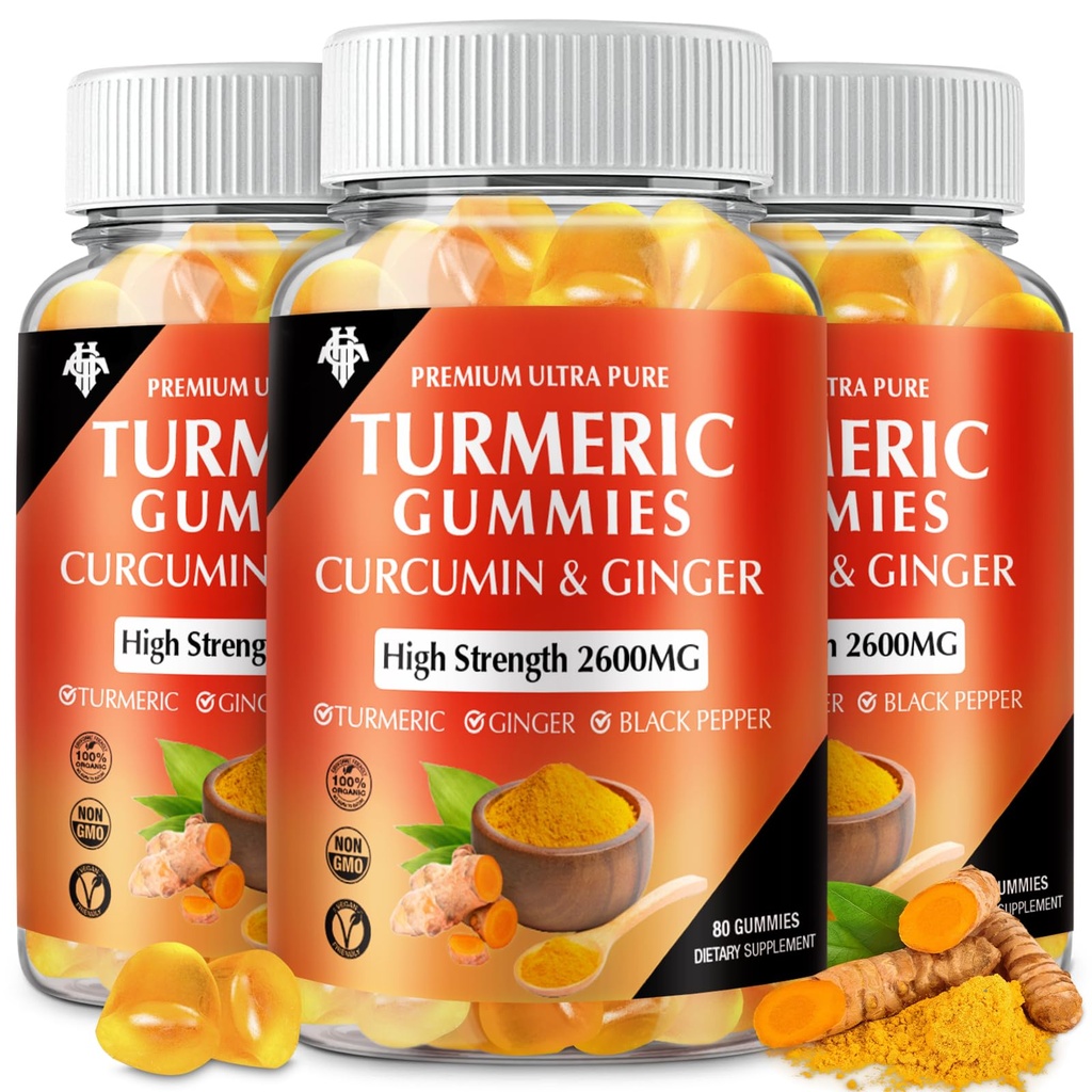 Turmeric Curcumin Gummies (3 Pack) - Supplemen Curcumin Turmeric dengan Ginger & Black Pepper Gummies untuk Hammune Muscle Dukungan Heally Skin - Vegan, Gluten Free, Low Sugar - untuk Dewasa