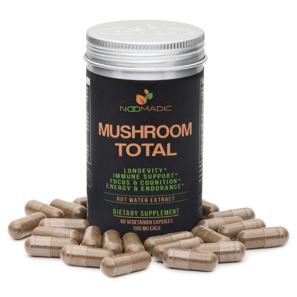Jamur Noomadic Total, 60 Capsules, 500mg, 30% Beta Glulans, Adaptogenic Mushroom Complex of Lions Mane, Turkey Tail, Chaga, Reishi, Cordyceps, Hot Water Extract, Fruiting Bodies.