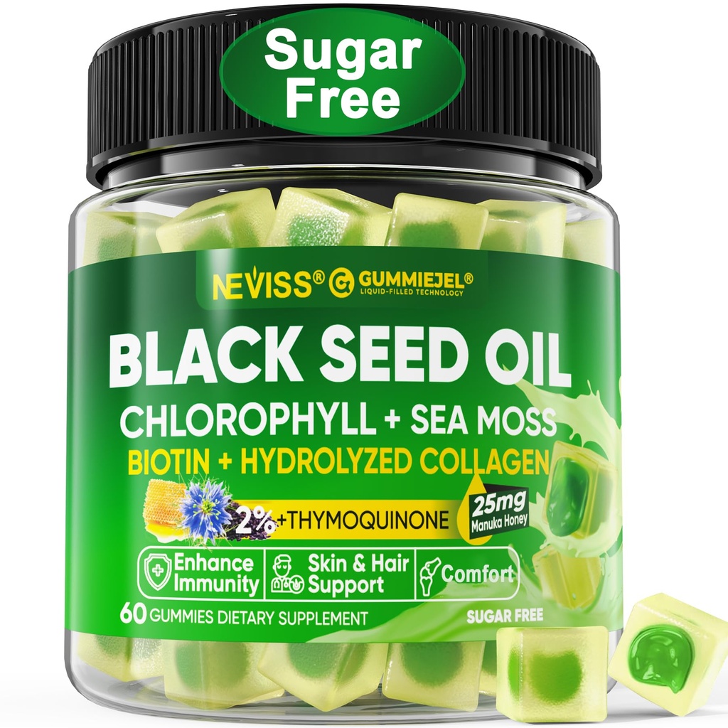 Gusi Minyak Benih Hitam, Chlorofil & Sea Moss Suplemen 500mg, Biotin 500mcg dengan Collagen Hydrolyzed untuk Skin, Rambut & Nails, Vit E, C, Zinc untuk Overall Health, Dorganic Cold Press,