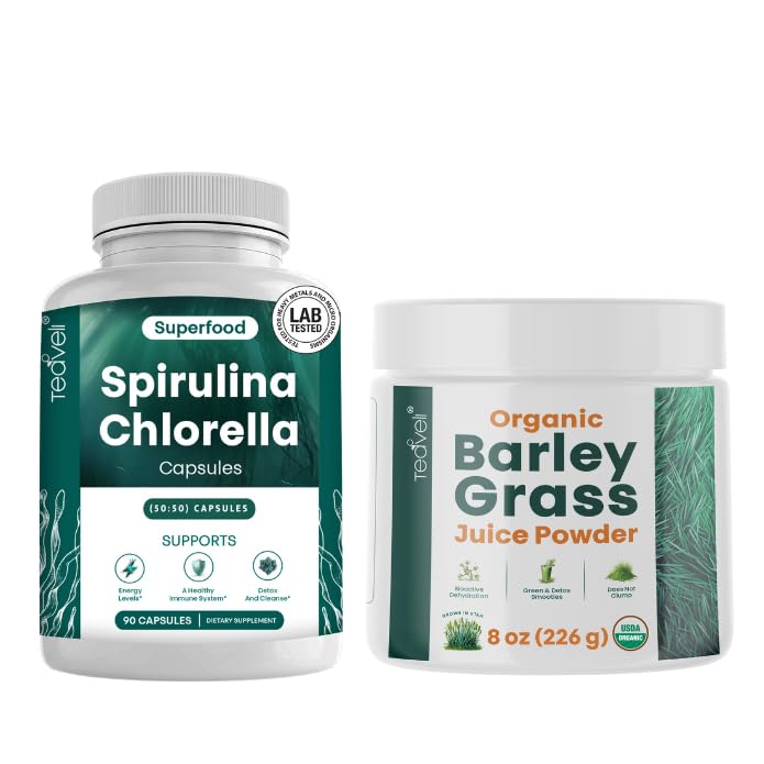 Teaveli Spirulina dan Chlorella Capsules dan Orgaic Barley Grass Juice Powder Bundle
