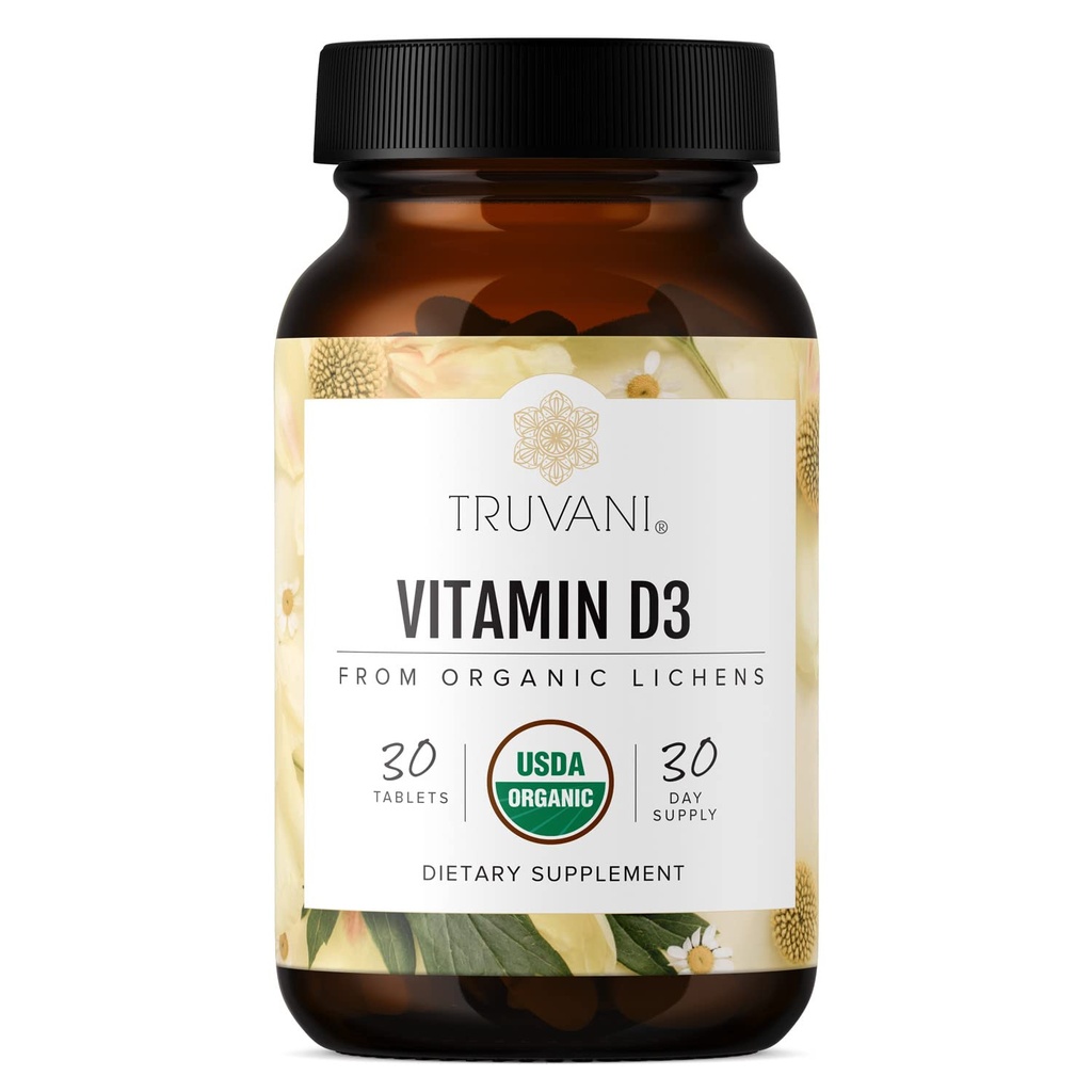 Truvani Organic D3 - Plant - Based, USDA Organik, Gluten- Free, Non-GMO, Vegan D3 Suplemen - Support Bone, Imune & Brain Health - 30 tablet