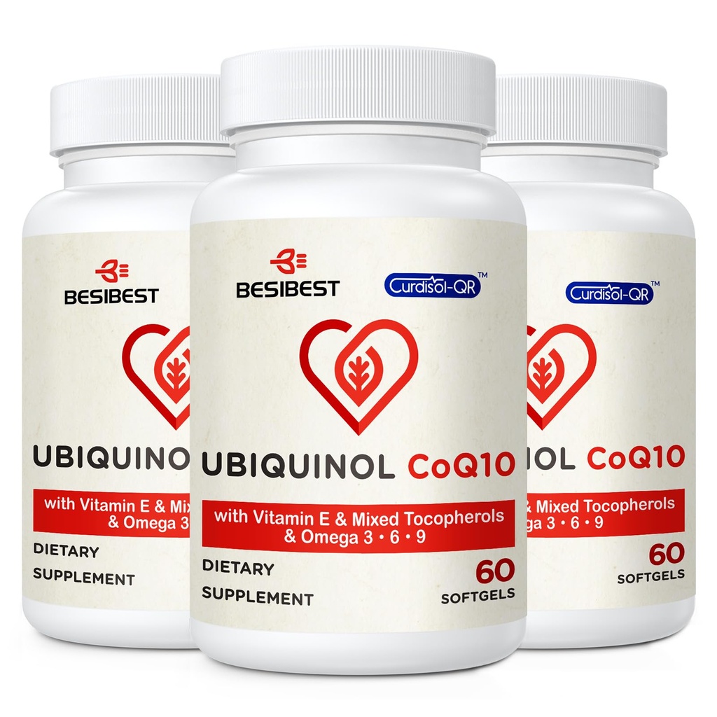 Ubiquinol CoQ10-600m-Softgel, Aktif Coq10 Ubiquinol Suplemen, dengan Vitamin E & Omega 3, 6, 9, Absorption - Koenzim Tinggi - Q10, Antioksidant Kuat untuk Produksi Energi, Teruji, 180 Count