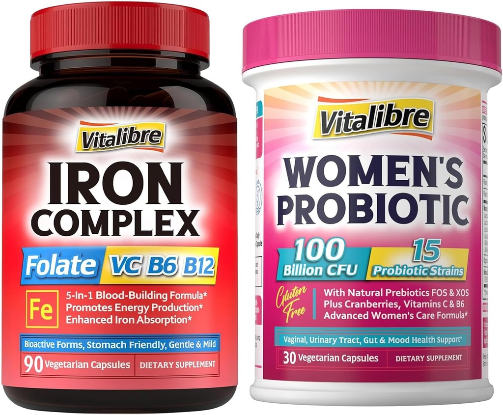 Tambahan Besi untuk Perempuan & Pria 90Caps & Vitalibre Progities untuk Perempuan 100 Milyar CFU 15 Strains