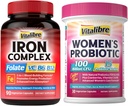 Tambahan Besi untuk Perempuan & Pria 90Caps & Vitalibre Progities untuk Perempuan 100 Milyar CFU 15 Strains