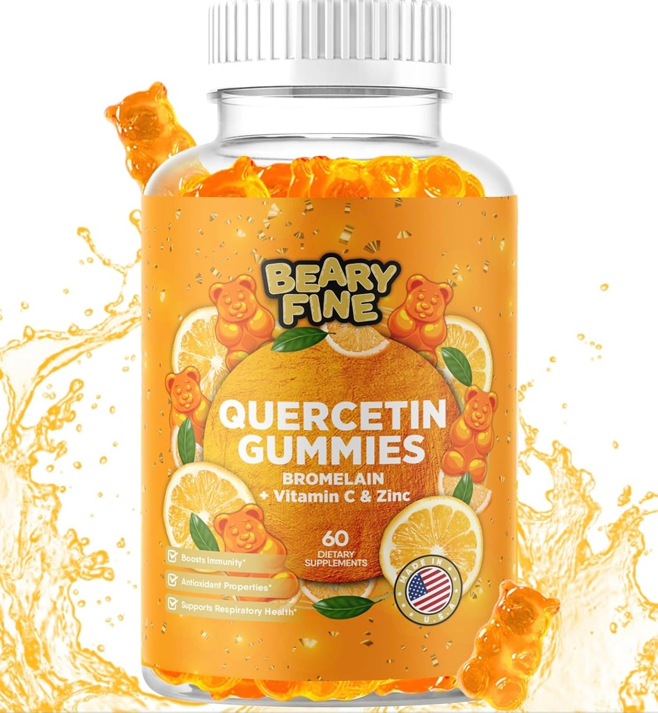 Quercetin dengan Bromelain Gummies - Vitamin C + Zinc & Vitamin D3 - Ekstra Kekuatan kekebalan Dukungan Booster - 60 Quercetin Gummies - Dibuat di USA