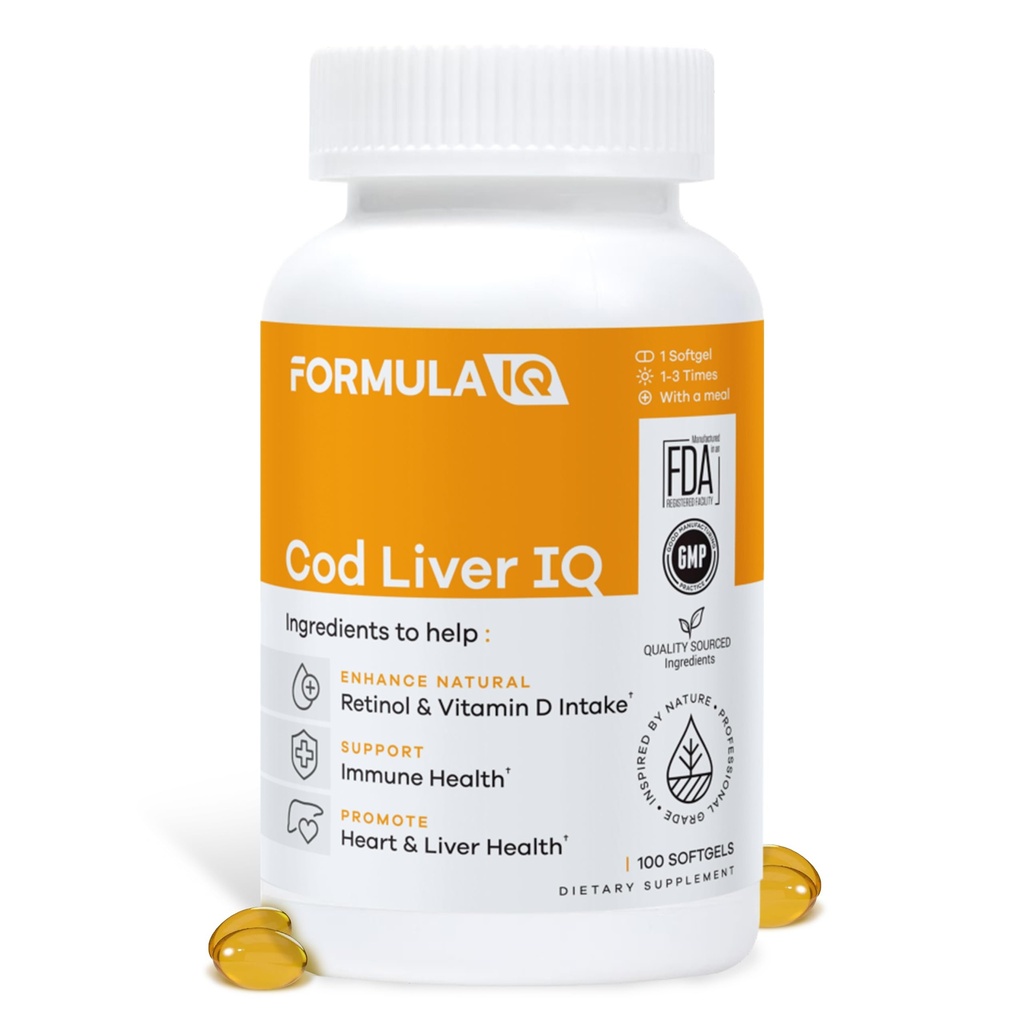 FIQ - Cod Liver IQ - Cod Liver Oil Softgels - Natural Softgels A & D dan Omegaga-3 Fatty Acids - Hati, Liver & Ammune Kesehatan - 100 Softgels