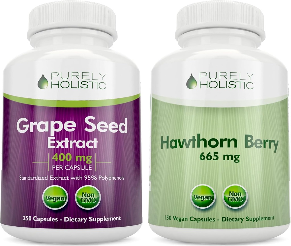 Purely Holistic Grape Extract 400mg + Hawthorn Berry Bundle - 400 Vegan Capsules - Dibuat di USA
