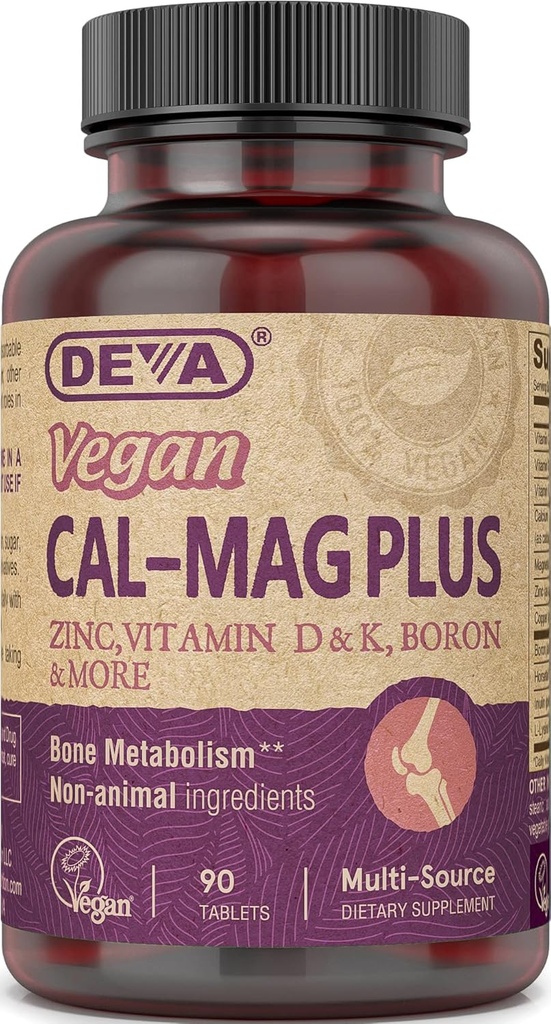 DEVA Vegan Cal MAG Plus Suplemen dengan Kalsium, Magnesium, Zinc, Boron, Vitamin C, D & K, 90 Tablet, 12- Pack