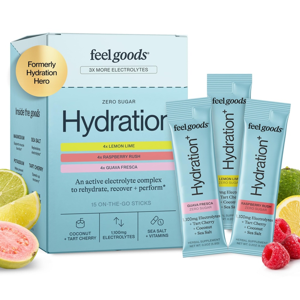 Feel Goods Hydration Hero, Variety Pack, 1.000mg Electrolite Powder, Sugar Free, Magnesium, Organic Aloe Vera, L Theanine C, Vegan, Non GMO, On The Go Electrolite Packets, 12 Count