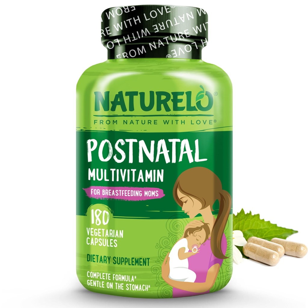 NATURELO Postnatal Multivitamin - Suplemen untuk Perempuan Pemanas Nafas - Plant - Berbasis Vitamin D, Liak, Besi Lembut - untuk Ibu Perawat, Bayi - Post Natal Lactation Dukungan 180 Capsules